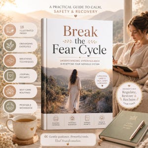 May include: A hardback book titled Break the Fear Cycle: Understanding Hypervigilance & Resetting Your Nervous System. The cover features a person walking on a path in a mountainous landscape. Includes text about 18 illustrated pages and exercises.