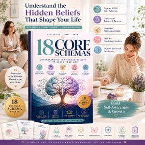 以下が含まれることがあります： 「18 Core Schemas: Understanding the Hidden Beliefs That Shape Your Life」というタイトルのワークブック。表紙には脳の形をした木のイラスト、スキーマの概念を説明するテキスト、18枚の詳細なスキーマシートを強調する金色の円形バッジが描かれています。