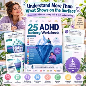 May include: A workbook titled 25 ADHD Iceberg Worksheets featuring an iceberg illustration with text labels for visible symptoms and hidden struggles. The cover includes the text Compassion Changes Everything and Workbook & Reflection Activities.