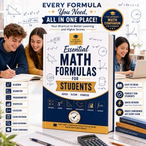 Puede incluir: Un libro de referencia titulado Essential Math Formulas for Students con una cubierta azul oscuro y amarilla que presenta símbolos matemáticos, formas geométricas y texto. La cubierta muestra secciones de aritmética, álgebra, geometría, trigonometría, estadística y cálculo.