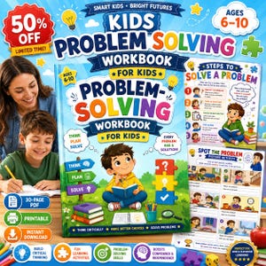 May include: A kids problem solving workbook featuring a cartoon boy reading a book on the cover, with colourful puzzle pieces, lightbulbs, and educational text. The workbook includes pages for steps to solve problems and spot the problem activities.