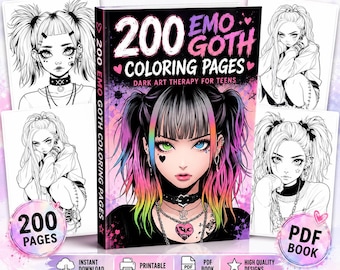 200 Emo Gothic Coloring Pages for Teens, Dark Alternative PDF Designs (Digital Download)