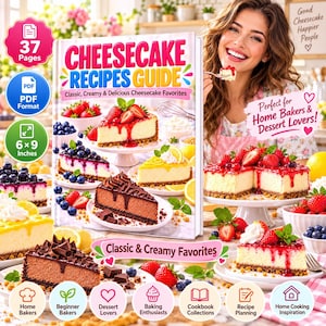 Op de afbeelding: Een digitaal kookboek getiteld Cheesecake Recipes Guide met 37 pagina's in PDF-formaat, met een afmeting van 6x9 inch. De omslag toont diverse cheesecakes met aardbeien, bosbessen en chocoladetoppings, naast tekst over klassieke favorieten.