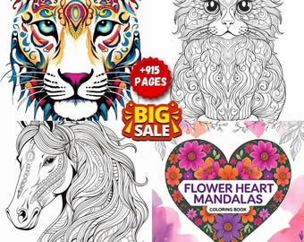 Mandala Coloring Pages Bundle: Animals, Love Art - 915+ Printable Designs (PDF)