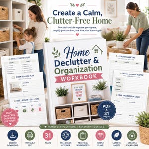 Home Declutter Organization Workbook, Printable Planner, Room Checklists, Cleaning Schedules (PDF)
