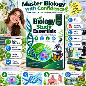 Könnte beinhalten: Ein Biology Study Essentials Buchcover mit einem DNA-Strang, einem Zelldiagramm, einem Mikroskop und einem Schmetterling. Der Text lautet Master Biology with Confidence, Biology Study Essentials, und enthält Symbole für Zellen, Genetik, Humanbiologie und Ökologie.