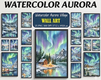 Watercolor Aurora Village Wall Art Bundle, Northern Lights Printable Decor (Digital Download)