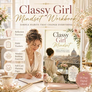 May include: The Classy Girl Mindset Workbook is an 18-page digital ebook featuring a cover with a woman on a balcony overlooking a city. It includes sections for reflection exercises, habit trackers, mindset-building exercises, and self-care planning pages.