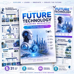 May include: A Future Technology Learning Workbook featuring a robotic head, a glowing globe, a futuristic city skyline, and a high-speed train. The cover includes the text Explore, Learn, Innovate, Create the Future, and Explore Emerging Innovations Shaping Tomorrow.