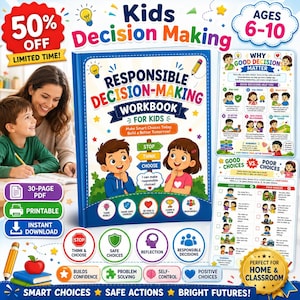 Puede incluir: Un libro de ejercicios titulado Responsible Decision-Making for Kids con ilustraciones de un niño y una niña, texto colorido e iconos educativos. La portada incluye un gráfico de señal de stop, think, and choose y varias insignias circulares.