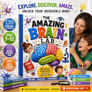 May include: A hardcover book titled The Amazing Brain Lab featuring a colorful illustration of a human brain, a scientist character, and science icons. The cover includes the text Explore, Discover, Amaze, Unlock Your Incredible Mind, and 18 Curious Adventures Inside Your Incredible Mind.