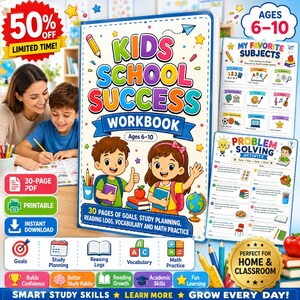 May include: A Kids School Success Workbook for ages 6-10 featuring colourful illustrations of two children, a globe, and school supplies. The cover displays the title in bold letters, along with text highlighting 30 pages of goals, study planning, reading logs, vocabulary, and maths practice.