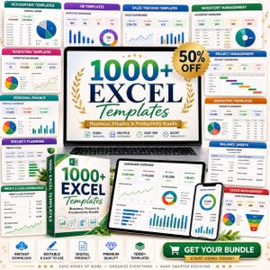 May include: A digital product bundle featuring a laptop, tablet, and smartphone displaying various Excel dashboard templates. The screen text reads 1000+ EXCEL Templates Business, Finance & Productivity Bundle with a 50% OFF gold badge.