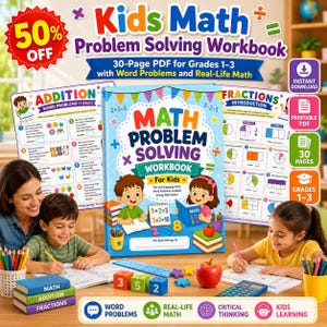 May include: A Kids Math Problem Solving Workbook with a blue cover featuring illustrations of two children, math equations, and a stack of books. The workbook is displayed alongside two open worksheets, a red apple, colored pencils, and number blocks.