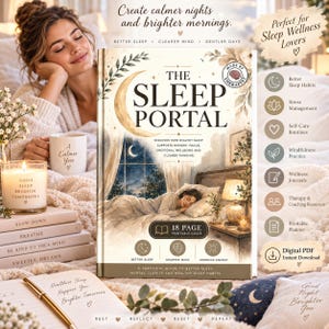Könnte beinhalten: Ein Buch mit dem Titel The Sleep Portal und einer Titelillustration einer schlafenden Person in einem Bett unter einer Mondsichel. Das Cover enthält den Text 18 Page Printable Guide, Better Sleep, Sharper Mind und Morning Energy.