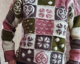 Hand knitted  wool colorful patchwork  sweater, colorblock pullover