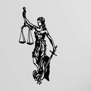 Puede incluir: Silueta en blanco y negro de la figura de la justicia sosteniendo una balanza y una espada. La figura está vendada de los ojos y está de pie sobre una base. La imagen está sobre un fondo blanco.