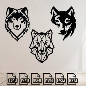 Könnte beinhalten: Drei schwarze Wolfskopf-Designs. Eines ist ein geometrisches Polygon-Design, die anderen beiden detaillierte Illustrationen. Darunter Symbole für PDF-, CDR-, AI-, SVG-, DXF- und ZIP-Dateiformate.