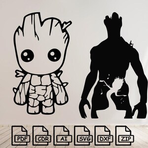Può includere: Grafica in bianco e nero con due design di Groot. Uno è un contorno dettagliato, l'altro una silhouette. Sotto sono presenti icone di tipi di file: PDF, CDR, AI, SVG, DXF e ZIP.