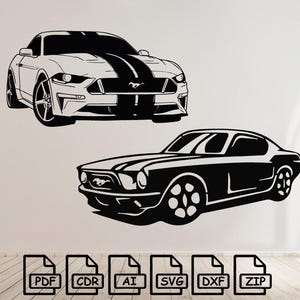 May include: Two black and white silhouette images of Ford Mustang cars. The top image is a newer model with a black stripe down the hood. The bottom image is a classic model. The images are on a white background.