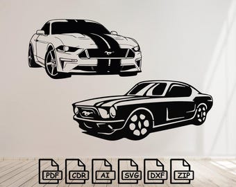 May include: Two black and white silhouette images of Ford Mustang cars. The top image is a newer model with a black stripe down the hood. The bottom image is a classic model. The images are on a white background.