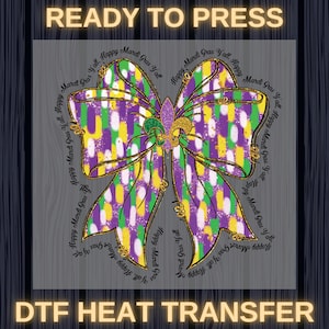 Happy Mardi Gras Y&#39;all Coquette Bow Ready To Press, Mardi Louisiana DTF Transfer, Mardi Gras DTF ready to pres, Mardi Gras Carnival DTF