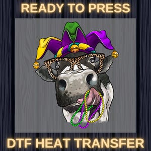 Funny Mardi Gras Cow Ready To Press, Mardi Gras Carnival DTF, Perfect for Colorful Party, Mardi Gras Jester Hat Shirt Design, Funny Carnival