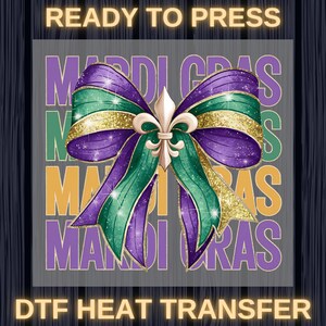 Glitter Mardi Gras Coquette Bow Ready To Press, Mardi Louisiana DTF Transfer, Mardi Gras DTF ready to pres, Mardi Gras Carnival Bow DTF