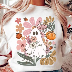 Halloween Fall Ghost Png,Retro Flower Ghost Png, Girly Halloween Shirt Png,Boho Floral Fall Png, Spooky Season Png, Halloween Png,Trendy png