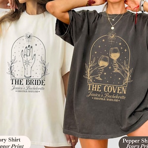Custom Witchy Bachelorette Shirt, Halloween Bachelorette Party Shirt, Witchy Bride Shirt, Bride and Coven Celestial Bach, Gothic Wedding Tee