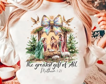 Greatest Gift of all PNG, Bow Nativity Coquette Christmas Sublimation PNG Design Hand Drawn Manger PNG Bow Manger Png, Christmas Bow