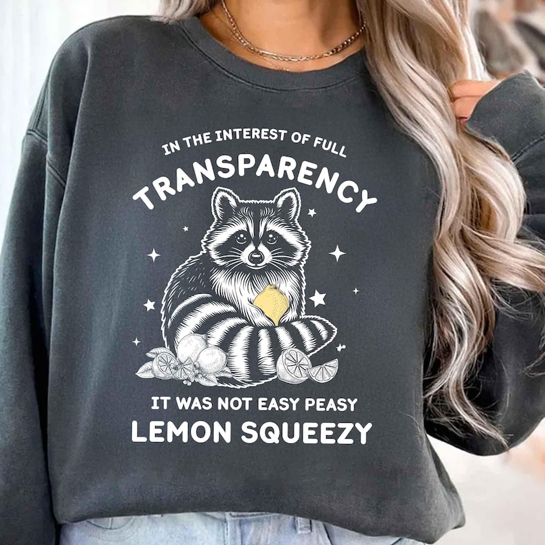 May include: Dark gray sweatshirt with a raccoon graphic holding a lemon. The text reads "IN THE INTEREST OF FULL TRANSPARENCY IT WAS NOT EASY PEASY LEMON SQUEEZY". The raccoon is black, white, and gray.