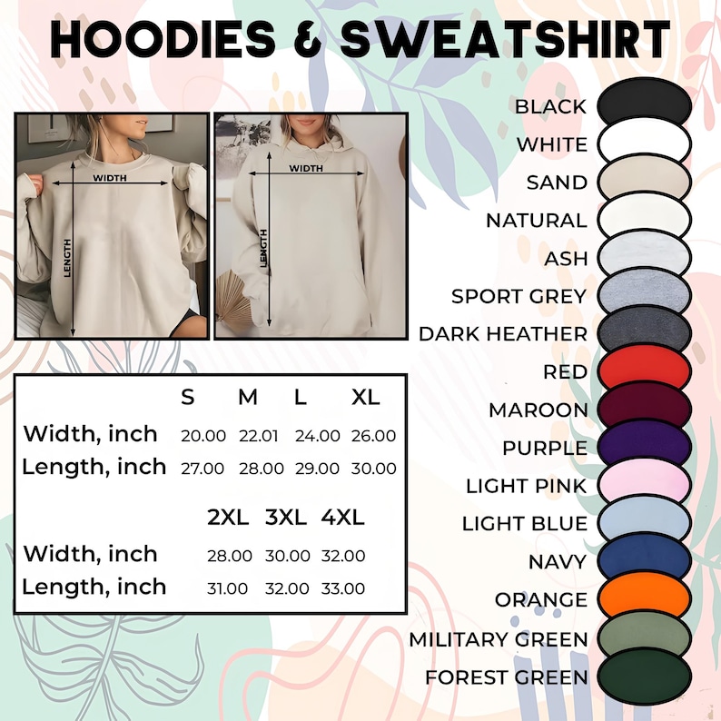 K&ouml;nnte beinhalten: Bild mit Hoodies und Sweatshirts mit Gr&ouml;&szlig;en- und Farboptionen. Die Gr&ouml;&szlig;entabelle zeigt Breiten- und L&auml;ngenma&szlig;e in Zoll f&uuml;r die Gr&ouml;&szlig;en S bis 4XL. Farbfelder umfassen Schwarz, Wei&szlig; und verschiedene Farbt&ouml;ne.