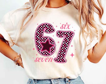 Pink 67 Meme Shirt, Six Seven Trend Tee, Funny Viral Number Sweatshirt, Colorful Retro Gen Z Shirt, Aesthetic Funny Fall Tee