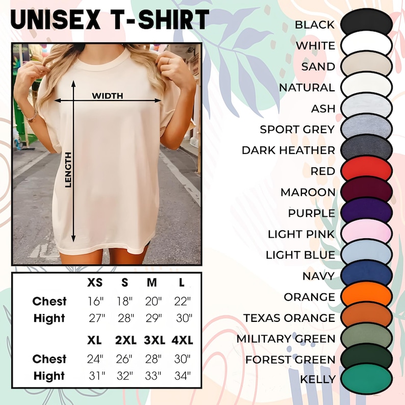 K&ouml;nnte beinhalten: Beiges Unisex-T-Shirt mit Rundhalsausschnitt, pr&auml;sentiert mit Gr&ouml;&szlig;en- und Farboptionen. Die Ma&szlig;e des Shirts sind in Zentimetern angegeben, mit Brustgr&ouml;&szlig;en von 40,6 cm bis 76,2 cm und H&ouml;hen von 68,6 cm bis 86,4 cm. Farben: Schwarz, Wei&szlig;, Marineblau.