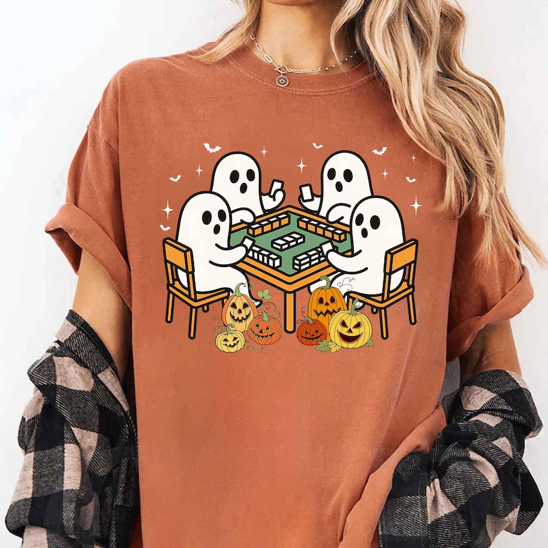 ghost mahjong tee, halloween mahj shirt, halloween game shirt, mahjong halloween, spooky mahj tee, fall mahjong shirt, tile game tee, mahjong tee, mahjong lover gift, comfort colors, halloween shirt, group costume tee, spooky season tee