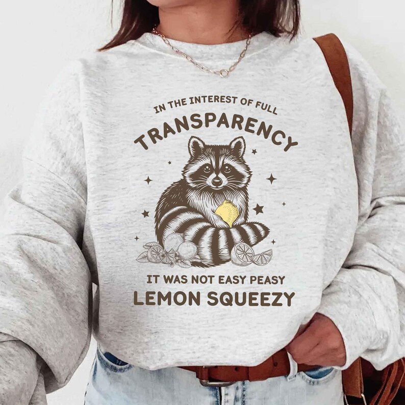May include: Light gray sweatshirt featuring a raccoon illustration holding a lemon, with text that reads "IN THE INTEREST OF FULL TRANSPARENCY, IT WAS NOT EASY PEASY LEMON SQUEEZY." The design includes lemons and stars.