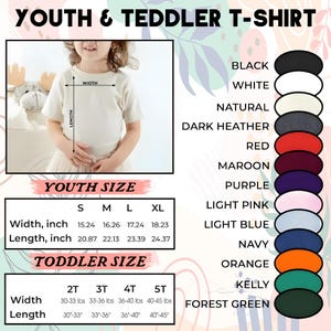 K&ouml;nnte beinhalten: Cremefarbenes Kinder-T-Shirt mit Gr&ouml;&szlig;en- und Farboptionen. Das Bild enth&auml;lt eine Gr&ouml;&szlig;entabelle f&uuml;r Kinder und Kleinkinder mit Ma&szlig;en in Zoll und Gewicht in Pfund. Verf&uuml;gbare Farben sind Schwarz, Wei&szlig; und Marineblau.