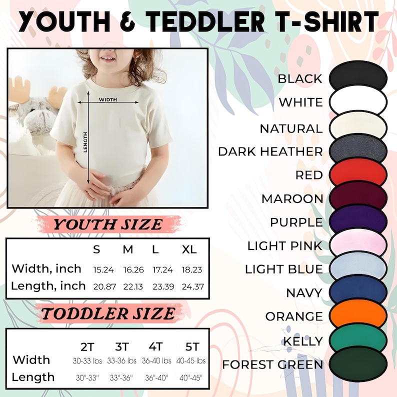 K&ouml;nnte beinhalten: Cremefarbenes Kinder-T-Shirt mit Gr&ouml;&szlig;en- und Farboptionen. Das Bild enth&auml;lt eine Gr&ouml;&szlig;entabelle f&uuml;r Kinder und Kleinkinder mit Ma&szlig;en in Zoll und Gewicht in Pfund. Verf&uuml;gbare Farben sind Schwarz, Wei&szlig; und Marineblau.