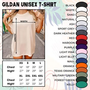 May include: A Gildan unisex t-shirt in a light beige color shown on a person with a size chart displaying chest and height measurements in inches from XS to 4XL, alongside a vertical color palette list including black, white, sand, and green.