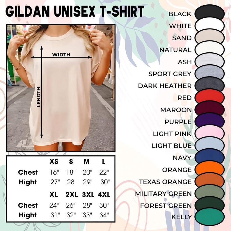 May include: A Gildan unisex t-shirt in a light beige color shown on a person with a size chart displaying chest and height measurements in inches from XS to 4XL, alongside a vertical color palette list including black, white, sand, and green.