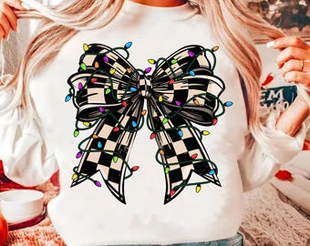 Coquette Christmas Shirt Sublimation Christmas Lights Bow PNG Merry Christmas Sweatshirt Digital Print PNG Checkered Christmas Coquette PNG
