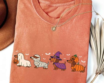 Dachshund Halloween Sweatshirt, Halloween Hot Dog Tee, Wiener Dog Tee, Funny Sausage Dog T-Shirt, Striped Shirt Dog Lover Gift