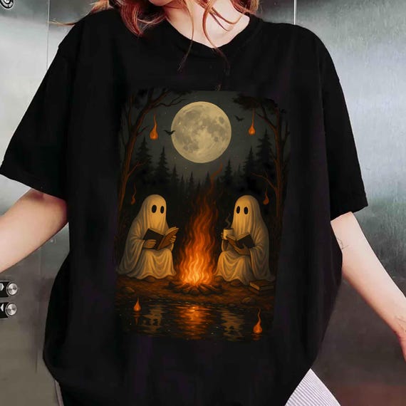 Vintage Ghost Reading Book Png, Gothic Ghost Camping Halloween Png, Halloween Book Png, Halloween Camping Png, Camping Lover, Book Lover Png