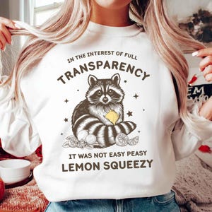 May include: White sweatshirt with a raccoon graphic holding a lemon. The text reads "IN THE INTEREST OF FULL TRANSPARENCY" and "IT WAS NOT EASY PEASY LEMON SQUEEZY". The raccoon is brown and white, with a striped tail.