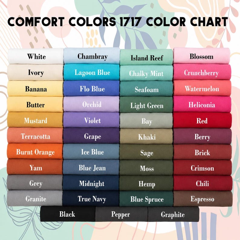 May include: A Comfort Colors 1717 color chart displaying a grid of fabric swatches in various shades. The text reads Comfort Colors 1717 Color Chart, followed by labels for colors including White, Ivory, Banana, Butter, Mustard, Terracotta, Burnt Orange, Yam, Grey, Granite, Black, Pepper, Graphite, and many others.