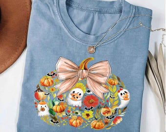 Comfort Colors® Vintage Floral Pumpkin Shirt, Floral Pumpkin Fall Shirt, Coquette Halloween Ghost Shirt, Girly Halloween Bow Tee Spooky Tee