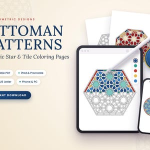 May include: Digital coloring pages titled Ottoman Patterns: Islamic Star & Tile Coloring Pages with 50 geometric designs. Includes a tablet and smartphone displaying colored star patterns, a stylus, and a badge stating 50 pages.