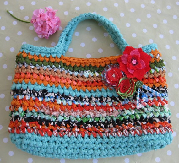 Items similar to Fabric crocheted multicolor purse / mini tote ... eco ...