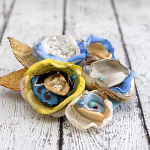 Blue white yellow fabric flower corsage --- Flower Pin --- Tagt Team --- Hat Pin --- Gift for Her